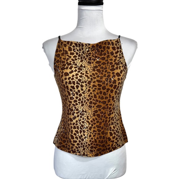 My Michelle Tops - Y2K Leopard Print Crop Top Sequins M Fits S XS Fitted Cami‎ Mob Wife Glam Party